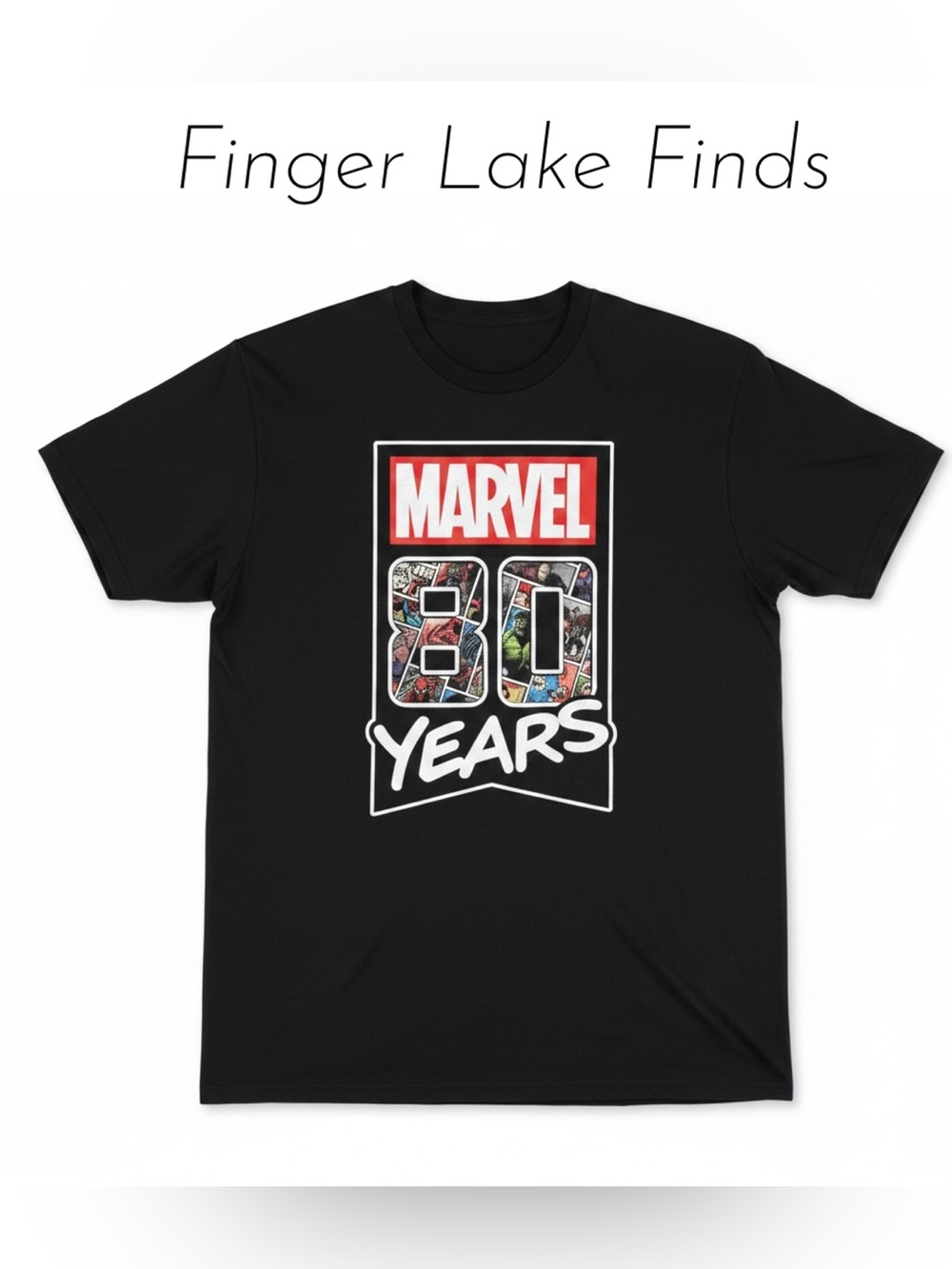 NWT Marvel Black Tee with Red Logo and Multicolor 80 Graphic, 2XL